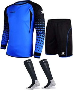 KELME Soccer Goalie Jersey Padded Uniform Kit - Goalkeeper Jersey, Shorts, Socks - Mens Football Padded Shirt Kids/Adult size, Blue, X-Small