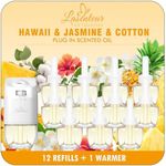 Plug In Air Freshener Starter Kit - Hawaiian, Jasmine, Cotton Scents for Home & Bathroom, 1 Warmer and 12 Essential Oil Refills, Compatible with Air Wick & Glade, Not Include Glade Plus
