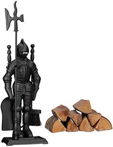 Relaxdays Modern Cast Fire Irons Knight, 4-Piece Fireplace Companion Set with Shovel, Broom, Poker and Rack, Powder-Coated, Black, 72 x 21 x 12.5 cm