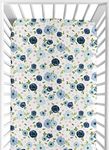 Sweet Jojo Designs Floral Girl Jersey Stretch Knit Baby Fitted Crib Sheet for Soft Toddler Bed Nursery - Navy Blue and Blush Pink Boho Shabby Chic Rose Watercolor Flower