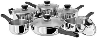 Judge Vista Set of 6 Stainless Steel Pans, 20cm Casserole, 24cm Saute Pan, 16cm, 18cm & 20cm Saucepans with shatterproof Vented Glass Lids, 14cm Milk Pan, Induction Ready, Oven Safe