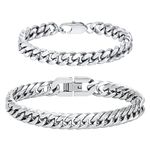 flintronic 2 PCS Mens Bracelets, Men's Strong Antique Silver Bracelet, Fashion Retro 19cm Titanium Steel Simple Six-sided Flat Denim Bracelet