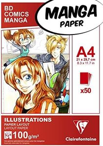 Clairefontaine 94042C Bloc Encollé Papier Manga et Illustration - 50 Feuilles Blanc Extra Lisse A4 21x29,7 cm 100g - idéal pour le Dessin au Feutre à Alcool