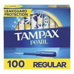 Tampax Pearl Tampons Regular Absorbency, 100 Count, BPA-Free Plastic Applicator and LeakGuard Braid, Unscented, 50 Count, Pack of 2 (100 Count Total)