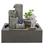 Bravich Garden Theme Indoor Table Top Water Feature: Small Water Fountain With Statues, LED Light & Running Water. Cascading Waterfall Ornament For Desk, Home Office, Living Room, Bedroom & More.