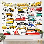 Excavator Kids Wall Art for Bedroom Living Room Fire Truck Police Car Boys Tapestry Helicopter Motorcycle Ambulance Toddler Tapestry Wall Hanging Alphabet Vehicle Cars Decor,Medium 59x59 Inches