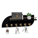 Karisky Key Holder for Wall, Wood Wall Mounted Key Rack with 6 Sturdy Metal Hooks for Bags, Coats, Umbrella, 14 Inches Mail Organizer for Home Entryway Decor, Black and Gold