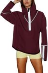 Yeokou Womens Windbreaker Jacket Outdoors Hiking Reflective Striping Hooded Half Zip Pullover Contrast Pocketed Outerwear(WineRed-Medium)