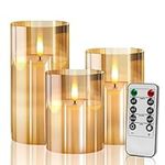 Flickering Flameless Candles,Battery Operated Candles with Remote Control and Timer Function,Gold Glass Effect Moving Electric LED Candle for Party Wedding Home Decor (Set of 3)