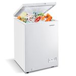 COSTWAY Chest Freezer, 3.5 Cu.ft Quiet Small Deep Freezer with Top Open Door & Removable Basket, 7-Grade Temperature Setting, Compact Freezer with Two Rolling Casters for Apartments, RV, White