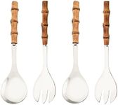 Uniturcky Serving Spoon and Fork Set, 304 Stainless Steel Serving Utensils with Natural Bamboo Handle, 10" Long Handle Serving Set for Kitchen Party Buffet, 4 Pieces / 2 of Each