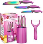 TruChef Kids Knife Set For Cooking – 5 Piece Kids Cook Set in Pink – Kids Cooking Supplies with Kids Chef Knife, Kids Paring Knife, Kids Peeler, Kids Serrated Knife & Universal Holder