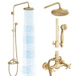 MOSSON Antique Brass Shower System with 8 Inch Shower Head Handheld Spray 2 Cross Handles Bathroom Outdoor Shower Faucet Set Wall Mounted Shower Fixtures Brass