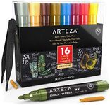 Arteza Liquid Chalk Marker Set of 16 (16 Pastel Colors, 16 Replaceable Chisel Tips, 1 pc Tweezers, 50 Labels, 2 Sticky Stencils), Water Based, Erasable Office Supplies for Chalkboards