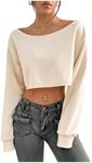 SweatyRocks Women's Off The Shoulder Boat Neck Y2k Crop Top Long Sleeve Solid Basic Loose Sweatshirt Apricot Small