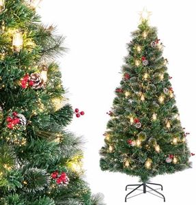 Costway 1.8M Pre-lit Christmas Tree, Artificial Xmas Tree w/ 8 Lighting Modes, Kerosene Lamps, Pine Needles, Natural Pine Cones, Red Berries, 64 Warm White LED Lights, Optical Fibers, 220 Branch Tips