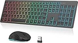 Earto D233 Backlit Wireless Keyboard and Mouse, Fixed Rainbow Backlight, Jiggler Mouse, Type-C Rechargeable, Ultra-Silent Full Size Keyboard and Mouse for Windows PC, Laptop