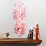 ILU® Dream Catcher with Lights, Wall Hangings, Crafts, Home Décor, Handmade for Bedroom, Balcony, Garden, Party, Café, Decoration, Wedding, Decorative, Pink Feathers (17 cm Diameter)