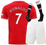 Manchester Ronaldo Red Home 21/22 Soccer Kids Jersey + Shorts + Socks Set Kit Size Medium (8-9 Years Old) for Youth