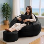 4XL Bean Bag Chair with Footrest & Cushion | Pre-Filled Beans | PVC Leatherette Lounger Sofa | Indoor & Outdoor Bean Bag with Pocket & Handle | Double Stitching | 6 Months Warranty Color- Black