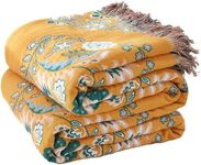 VANJOROY Large Boho Throw Blanket, 100% Organic Cotton Soft Sofa Bed Throw-Floral Farmhouse Decor Blanket, Reversible Throw for Couch Quilt and Gift, 60" x 80"-Yellow