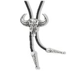 Yjfeshion Western Texas Longhorn bolo Tie Skull Bull Cowboy Bola Tie Vintage Hexagram Star Handmade Leather Necktie Accessories for Men Women Vintage Silver Rough-Horned Bull