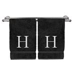 Monogrammed Hand Towel, Personalized Gift, Set of 2- White Block Letter Embroidered Towel - Extra Absorbent 100% Turkish Cotton - Soft Terry Finish - Initial H Black