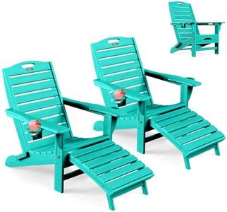 Ciokea Folding Adirondack Chair Set of 2 with Retractable Ottoman Fire Pit Patio Chair with Pull Out Foot Rest Weather Resistant Lawn Outdoor Chair with 2 Cup Holder (Lake Blue)