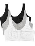 Fruit of the Loom Women's Front Close Builtup Sports Bra 3-Pack (one Set of Pads) Bra, Black/White/Heather Grey, 42