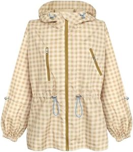 AIWUFLY Women Lightweight Jackets Anorak Plaid Print Utility Drawstring Waist Coat Hoodie Zip Up Outfits Jacket with Pockets Khaki Small