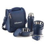 SOPL-OLIVEWARE Teso Pro Lunch Box with Steel Cutlery, 3 Microwave Safe Inside Steel Containers with BPA free Lids(290ml, 450ml & 600ml), Plastic Pickle Box(130ml), Steel Water Bottle(750ml) - Blue