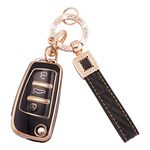 Koaudb Car Key Fob Cover Fit for Audi A1 A3 A4 A6 A8 Quattro Q3 Q7 S3 S6 RS3 RS6 R8 TT TTS 3 Buttons Flip Key Case Cover Soft TPU Key Shells with Leather Keychain Lanyard Black Gold (BP-Ad-3)