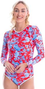 Tame the Sun Red Long Sleeve Swimsuits for Women - Tummy Control, Ruched Fully Lined Zip Bathing Suit - Rash Guard Swimwear