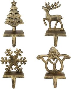 OCTERIC 4Pcs Stocking Holders, Reindeer Santa Snowflake Christmas Tree Metal Mantel Hooks, Anti-Slip Heavy Duty Solid Cast Iron Mantle Hangers Xmas Décor for Fireplace Holiday Indoor Decoration