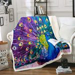 Chic Peacock Sherpa Blanket Animal Theme Throw Blanket for Kids Boys Girls Teens Peacock Feathers Design Fleece Blankets Wildlife Style Fuzzy Blanket for Chair Office Plush Blankets Single 50"x60"