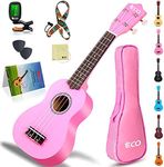 iECO Soprano Ukulele Beginner Kit for Kids Adults 21 Inch Ukelele w/Case Strap Tuner Strings Picks (Pink)