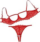 Lilosy Sexy Underwire Floral Lace Sheer Lingerie Set for Women See Through Bra and Panty 2 Piece, Red, Small