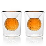 Golf Ball Shot Glass Set Funny Handmade Golf Gifts for Men - 2 oz Double Walled Glasses with 3D Shape Golf Ball Inside for Tequila, Scotch, Whiskey, Bourbon, and Cocktail (2)