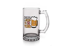 Khakee Gifts Cheers & Beers to 50 Year| Printed Glass Beer Mug with Handle Funny Quotes | Gift for Son, Dad, Brother, Husband, Friends - White 16oz [470ml]