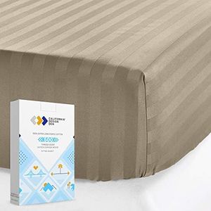 California Design Den Luxury Hotel Stripe Twin XL Fitted Sheet, Soft 100% Cotton Cooling Sheets, Sateen Weave, Snug Fits All Mattresses, Deep Pocket Bottom Sheet with Head & Foot Tag (Khaki)