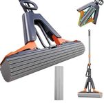 Stavae Sponge Mop, Roller Sponge mop, Self Squeeze, Stainless Steel Handle with PVA Absorbent Mop Head Refills, for Home Commercial Use Tile Floor Bathroom Garage Cleaning