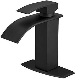 BESy Stainless Steel Black Waterfall Spout Bathroom Faucet, Single Hole Single Handle Bathroom Sink Faucet, Rv Lavatory Vanity Faucet with Deck Plate, Stainless Steel, Matte Black
