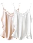 Ekouaer Women's 2 PCS Silk Satin Tank Top Lace Cami Spaghetti Strap Top V Neck Camisoles White & Champagne XXL