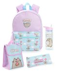 Pusheen Girls Backpack Set | Kids 4 Piece Blue & Pink Rucksack Bundle with School Bag, Pencil Case, Lunch Bag & Water Bottle | Kitten Cat Graphic Complete Matching Set | Back to School Gifts