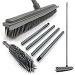 Rubber Broom and Rubber Hand Brush Set − Soft Broom Indoor, Carpet Sweeper and Pet Hair Remover with 31cm Rubber Brush Head and 120cm 4-Section Metal Handle, Comes with a Rubber Carpet Brush