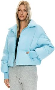 Orolay Women's Winter Oversized Cropped Puffer Jacket Zip Up Short Down Coat Stand Collar Baggy Overcoat Blue Small