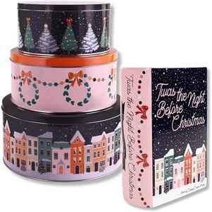 STEEL MILL AND CO. Round Metal Cookie Tins Set of 3 Bundle with Large Ceramic Book Vase, Twas the Night Before Christmas
