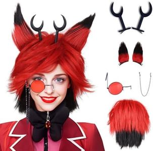 FantaLook Medium Red and Black Cosplay Wig with Harns Ears Glasses for Halloween