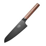 MITSUMOTO SAKARI 7 inch Japanese Chef Knife, Professional Black Titanium Coated Santoku Chef's Knife, German Premium Alloy Steel Meat Sushi Kitchen Knives (Walnut Handle & Box Package)