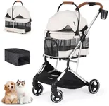 Beberoad Pets T3 PRO Pet Stroller Dog Cat Stroller for Small Medium Dogs Cats, 4 Wheels Travel Folding Carrier Waterproof Puppy Stroller with Pad, Canopy and Cup Holder, Beige